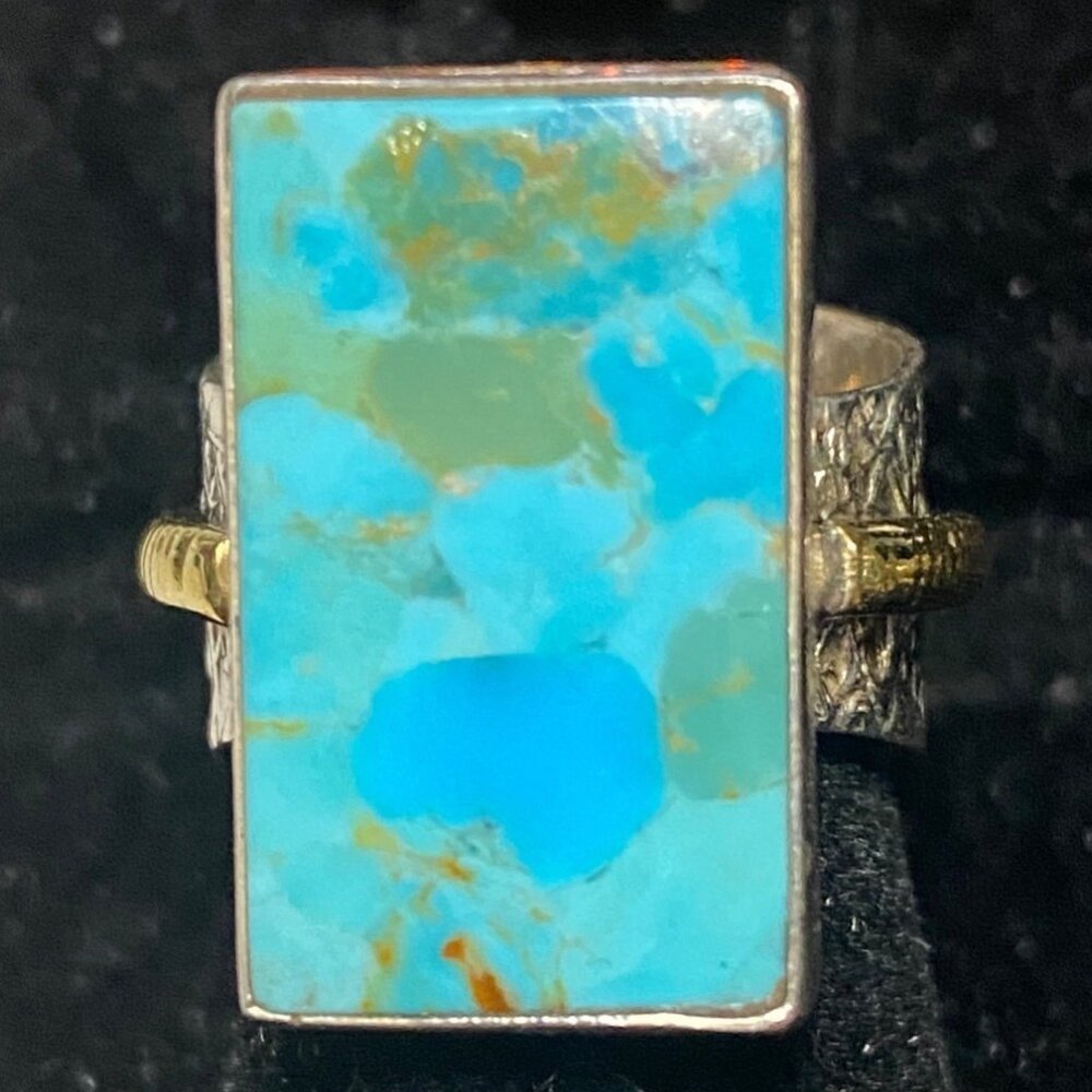 Ring Turquoise Size 5.5 20mm x 13mm Sterling Silver Stamped 925 Gold-Tone Accent